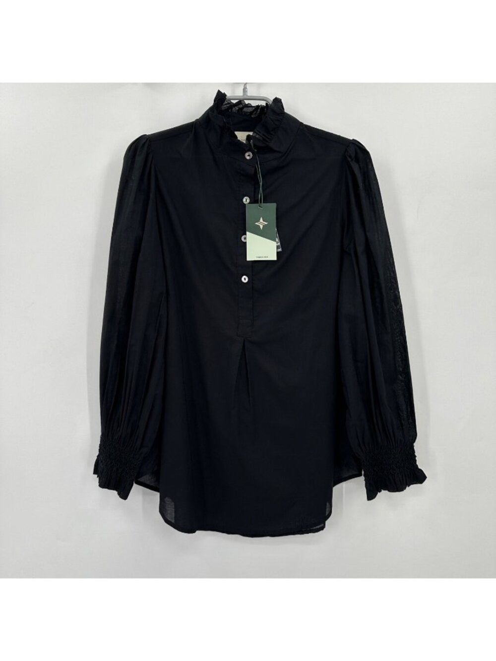 Tuckernuck Black Teagan Popover Blouse sz S Top Ruffle Elastic Cuff 100% Cotton